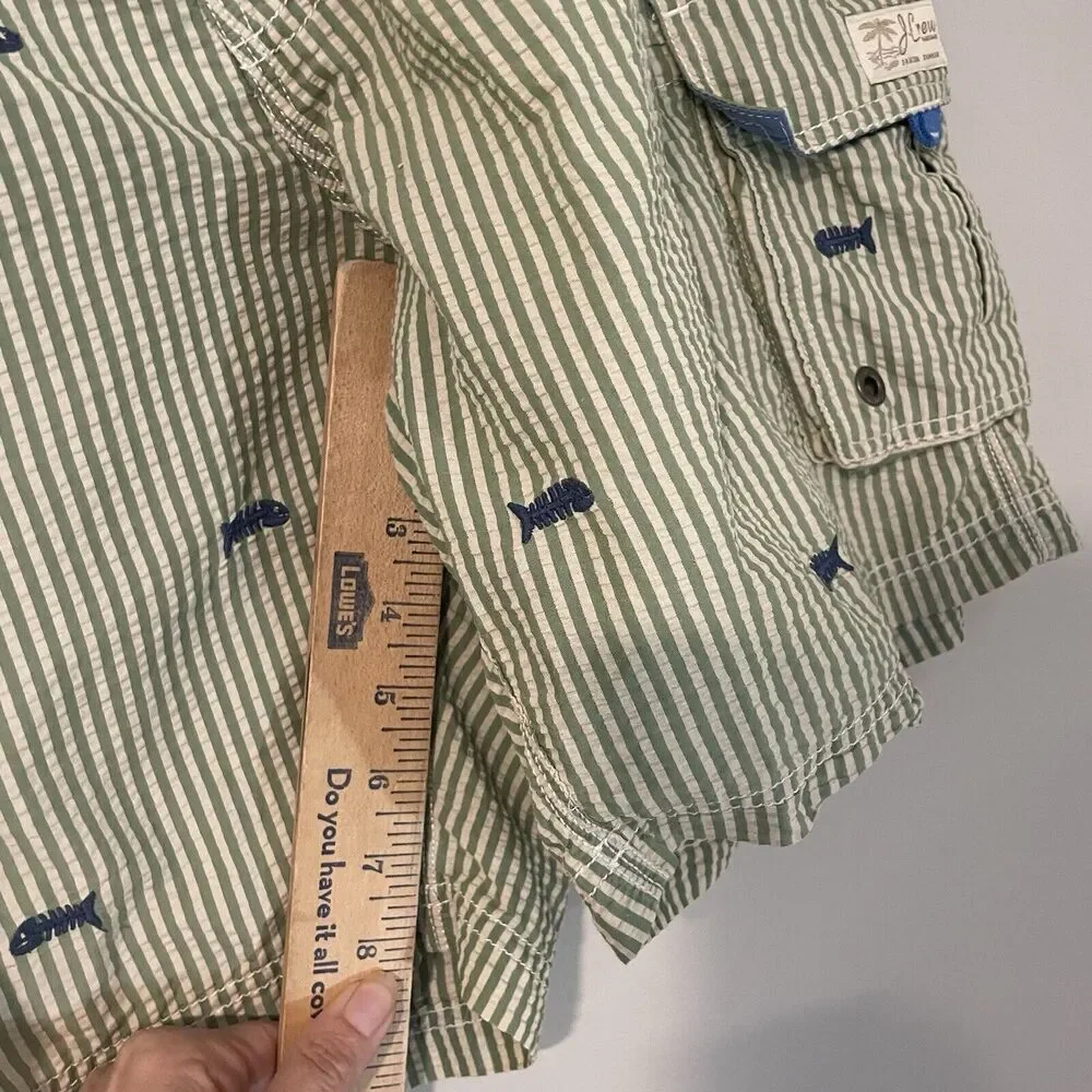 J Crew Swim Shorts Sz 32 Green Striped Seersucker Fish Embroidered Trunks